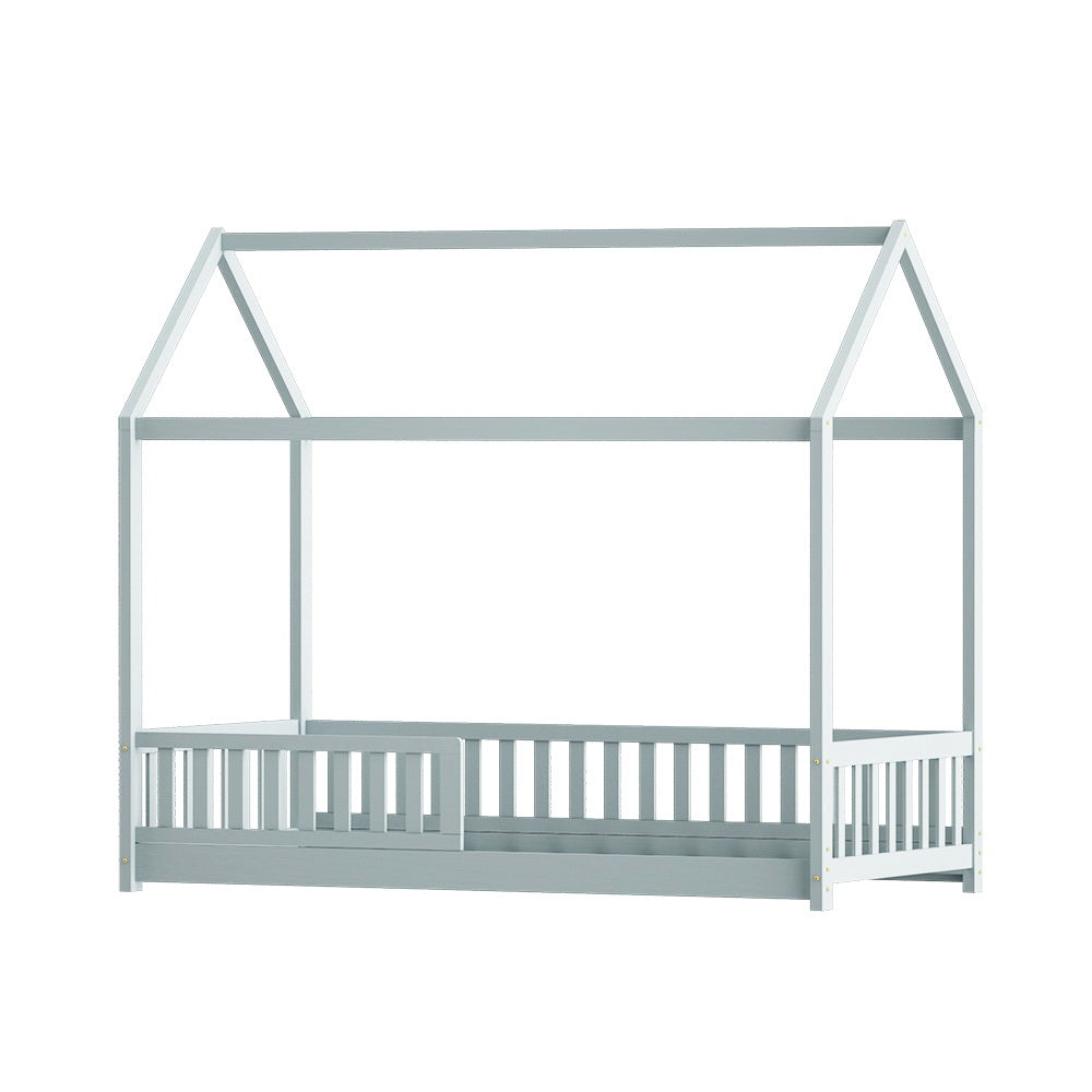 Rock Kids House Bed Frame – Solid Pine Wood, Light Grey, Australian Single