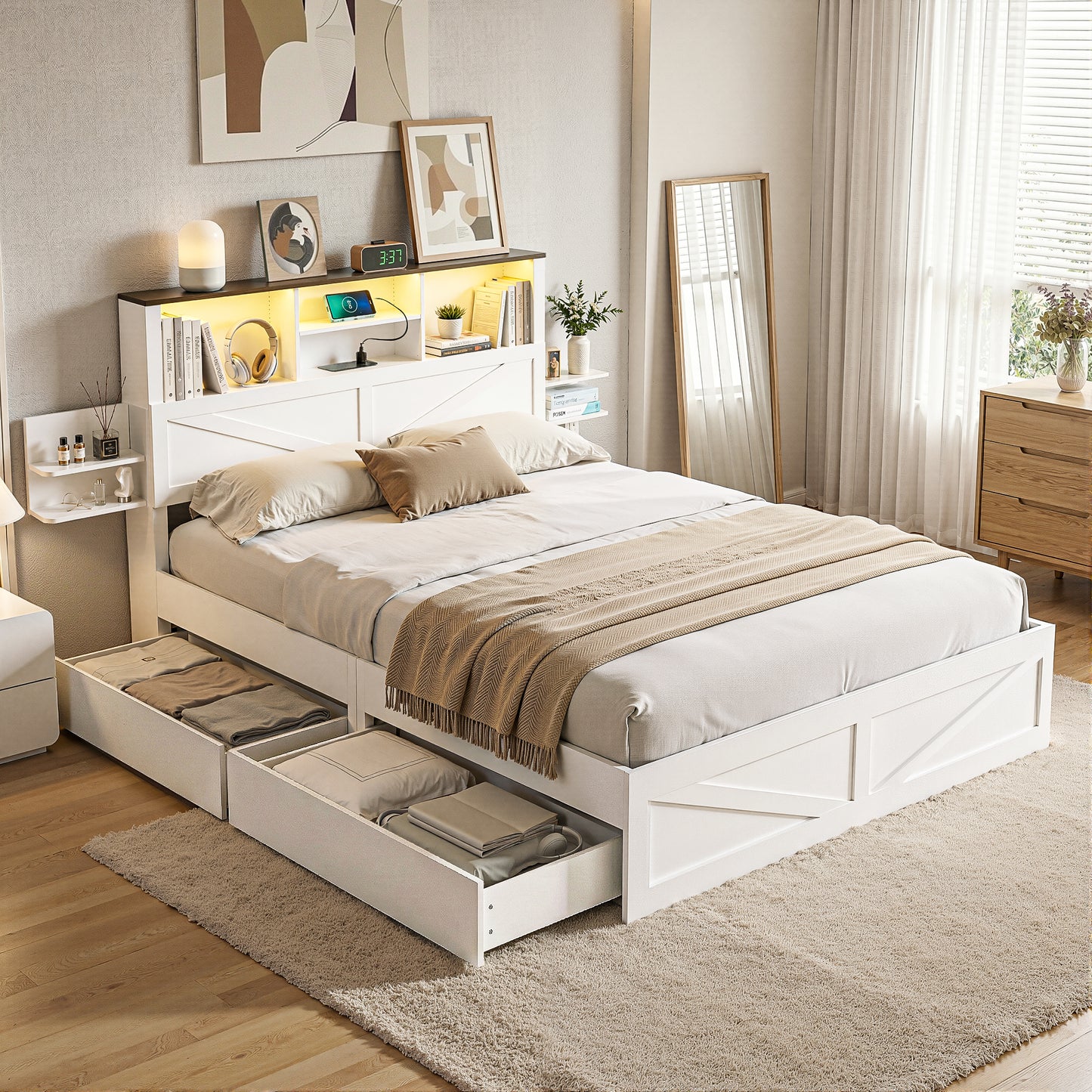 TWSC Double Bed Frame with Storage Drawers White Platform Bedframe with Bookcase Headboard Charging Station Led Light