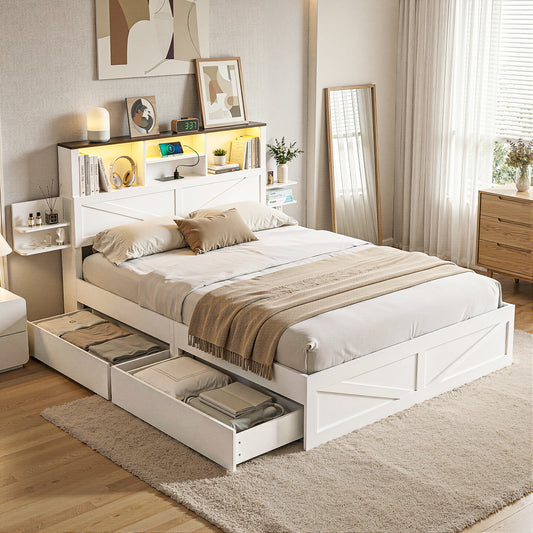 TWSC Double Bed Frame with Storage Drawers White Platform Bedframe with Bookcase Headboard Charging Station Led Light