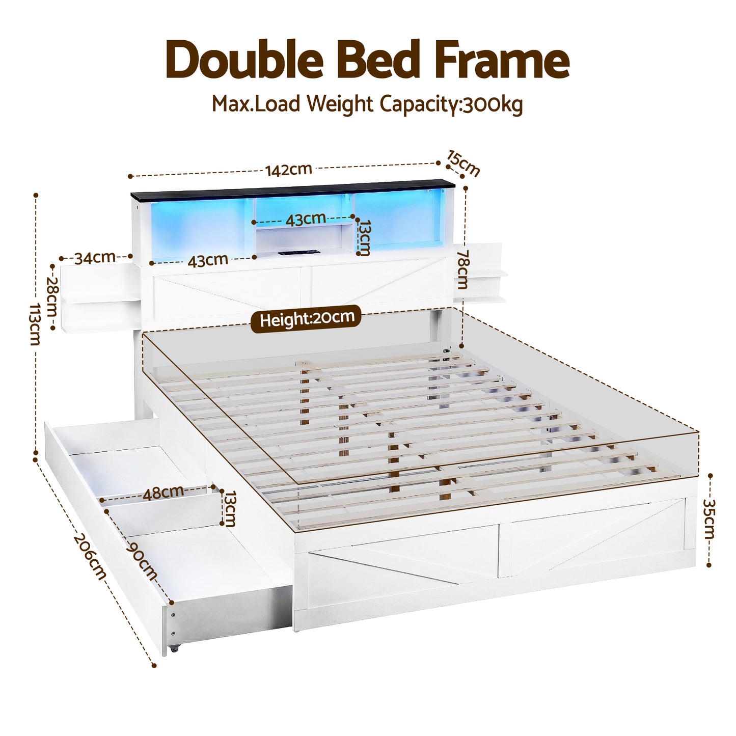 TWSC Double Bed Frame with Storage Drawers White Platform Bedframe with Bookcase Headboard Charging Station Led Light