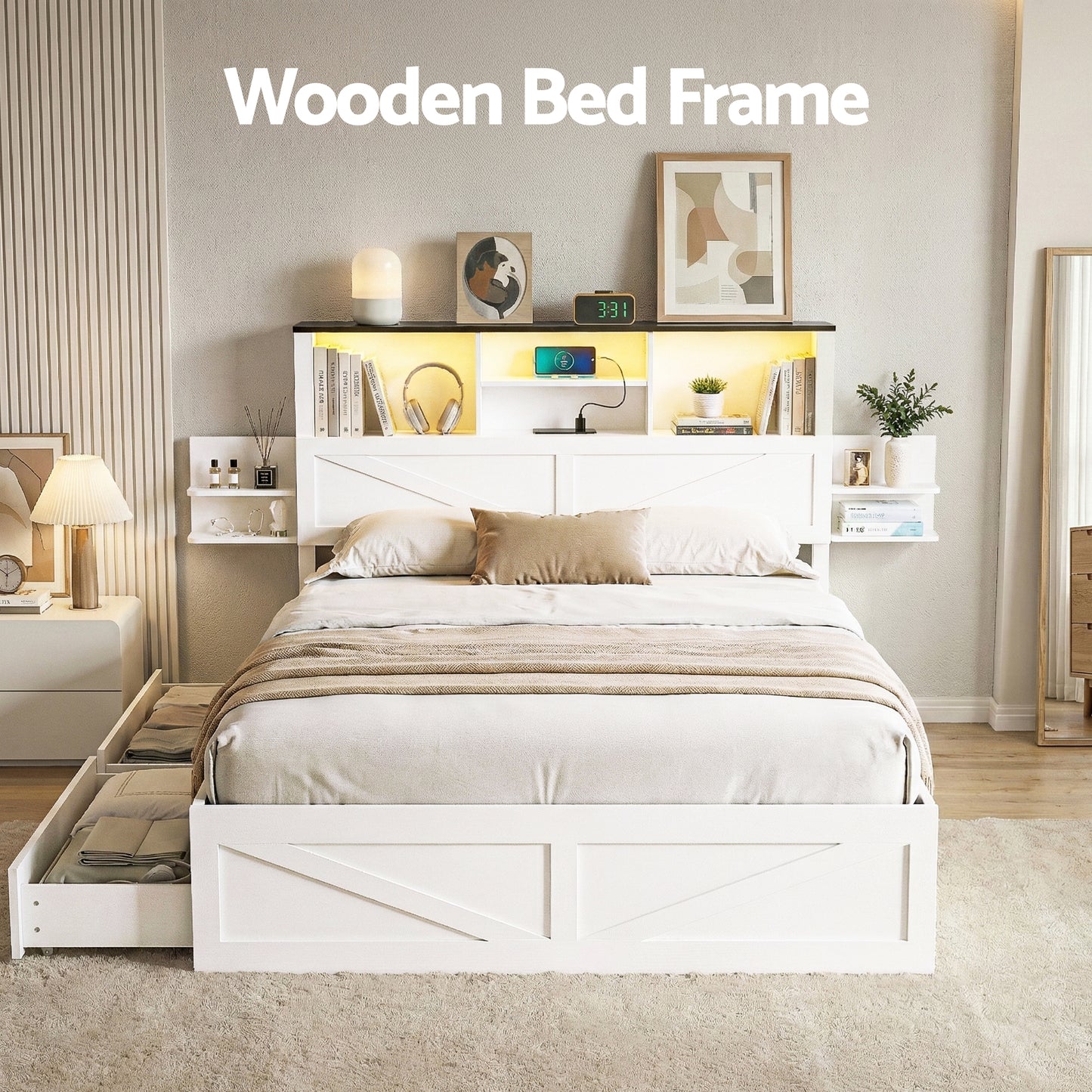 TWSC Double Bed Frame with Storage Drawers White Platform Bedframe with Bookcase Headboard Charging Station Led Light