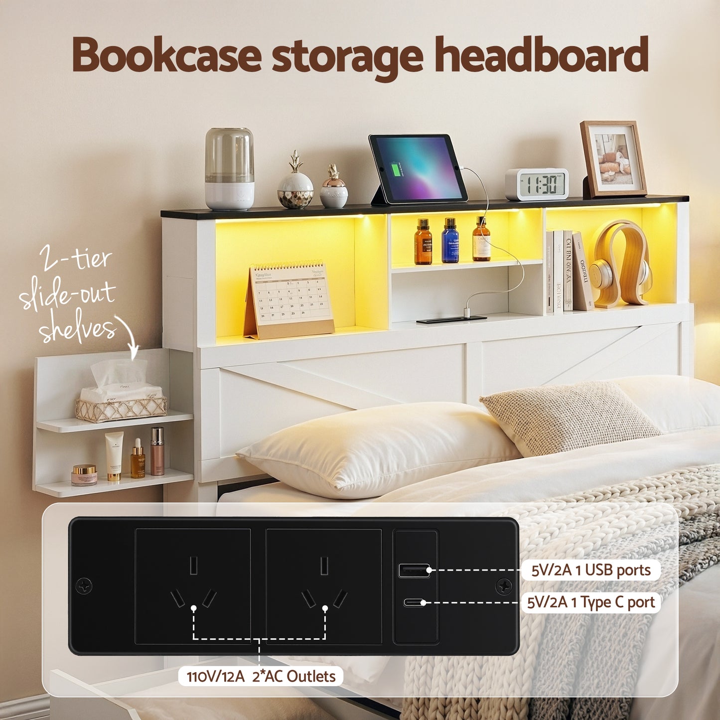 TWSC Double Bed Frame with Storage Drawers White Platform Bedframe with Bookcase Headboard Charging Station Led Light