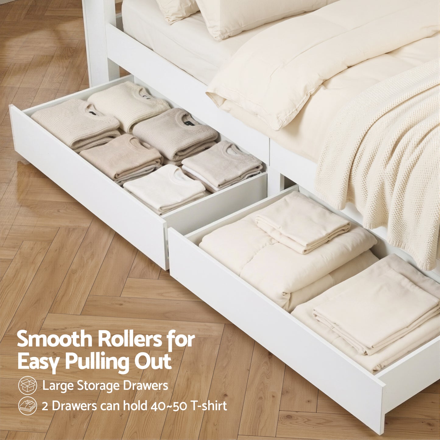 TWSC Double Bed Frame with Storage Drawers White Platform Bedframe with Bookcase Headboard Charging Station Led Light