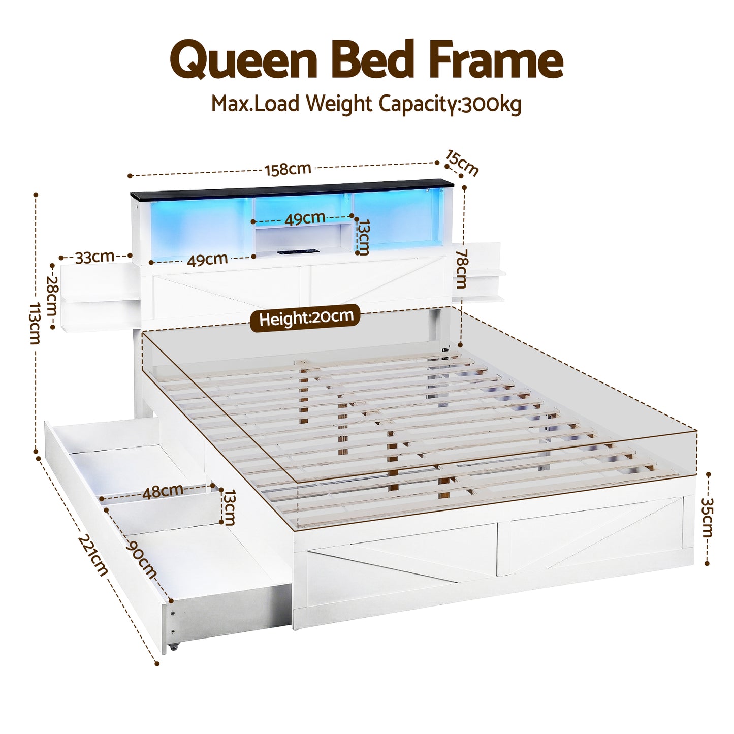 TWSC Queen Bed Frame with Storage Drawers White Platform Bedframe with Bookcase Headboard Charging Station Led Light