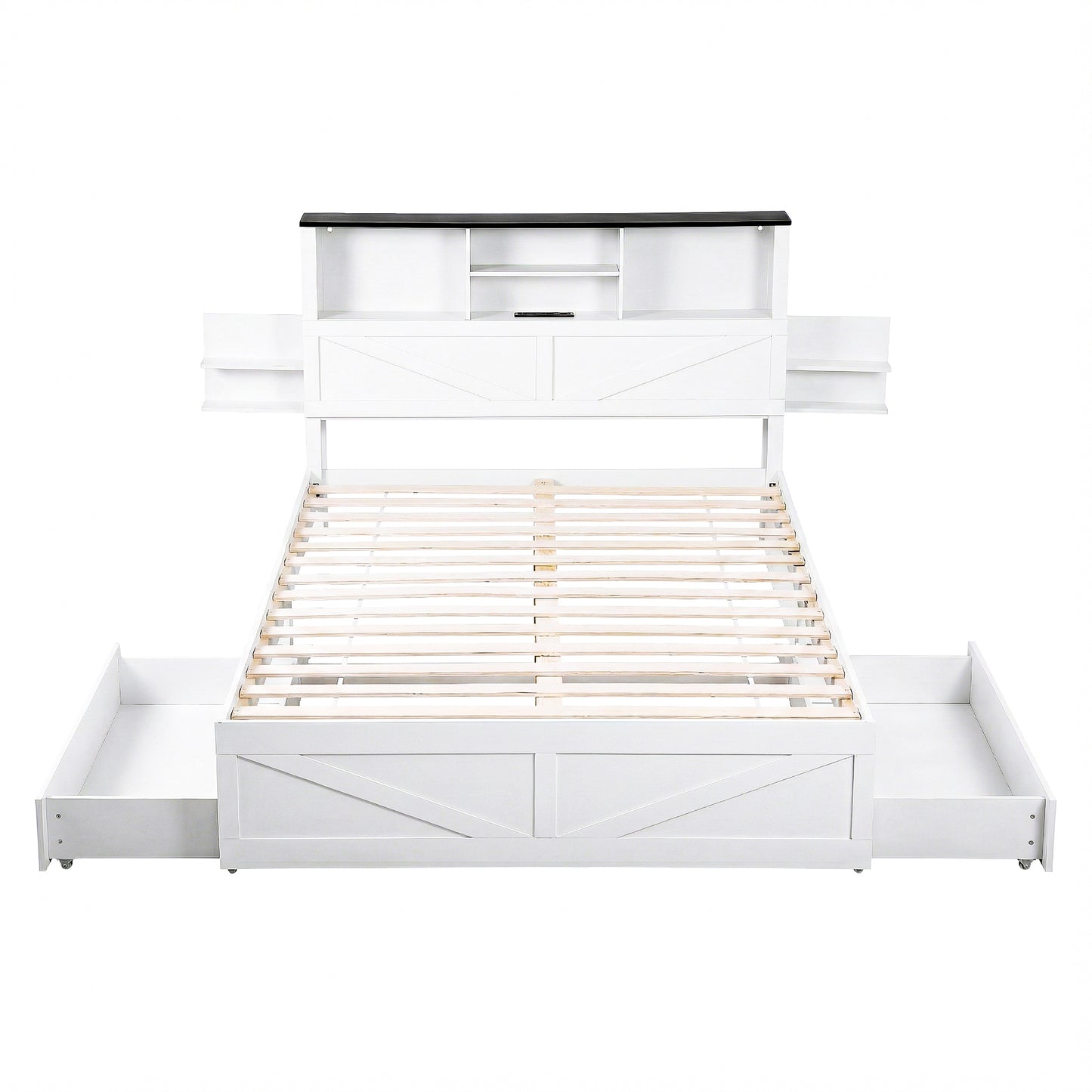TWSC Queen Bed Frame with Storage Drawers White Platform Bedframe with Bookcase Headboard Charging Station Led Light