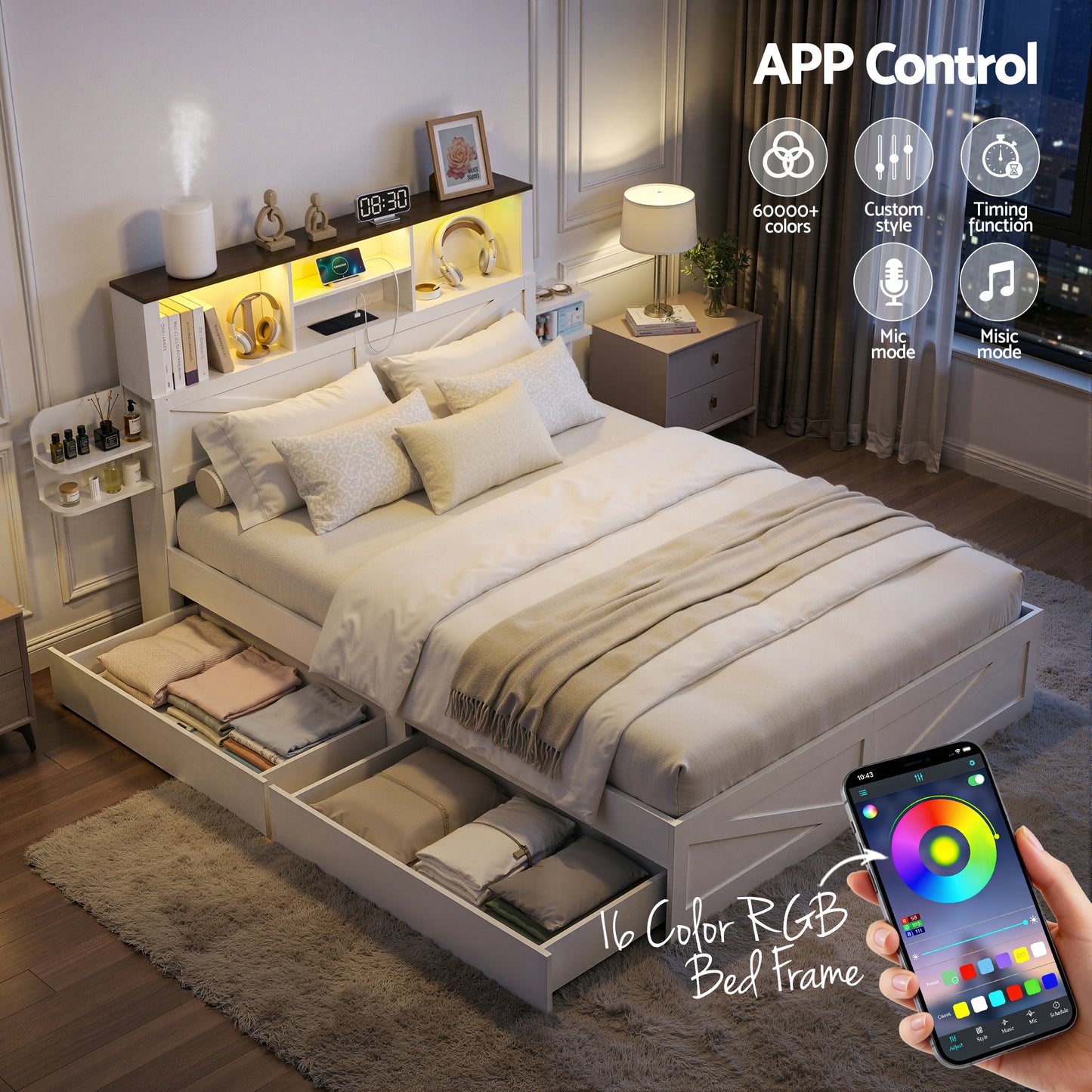 TWSC Queen Bed Frame with Storage Drawers White Platform Bedframe with Bookcase Headboard Charging Station Led Light
