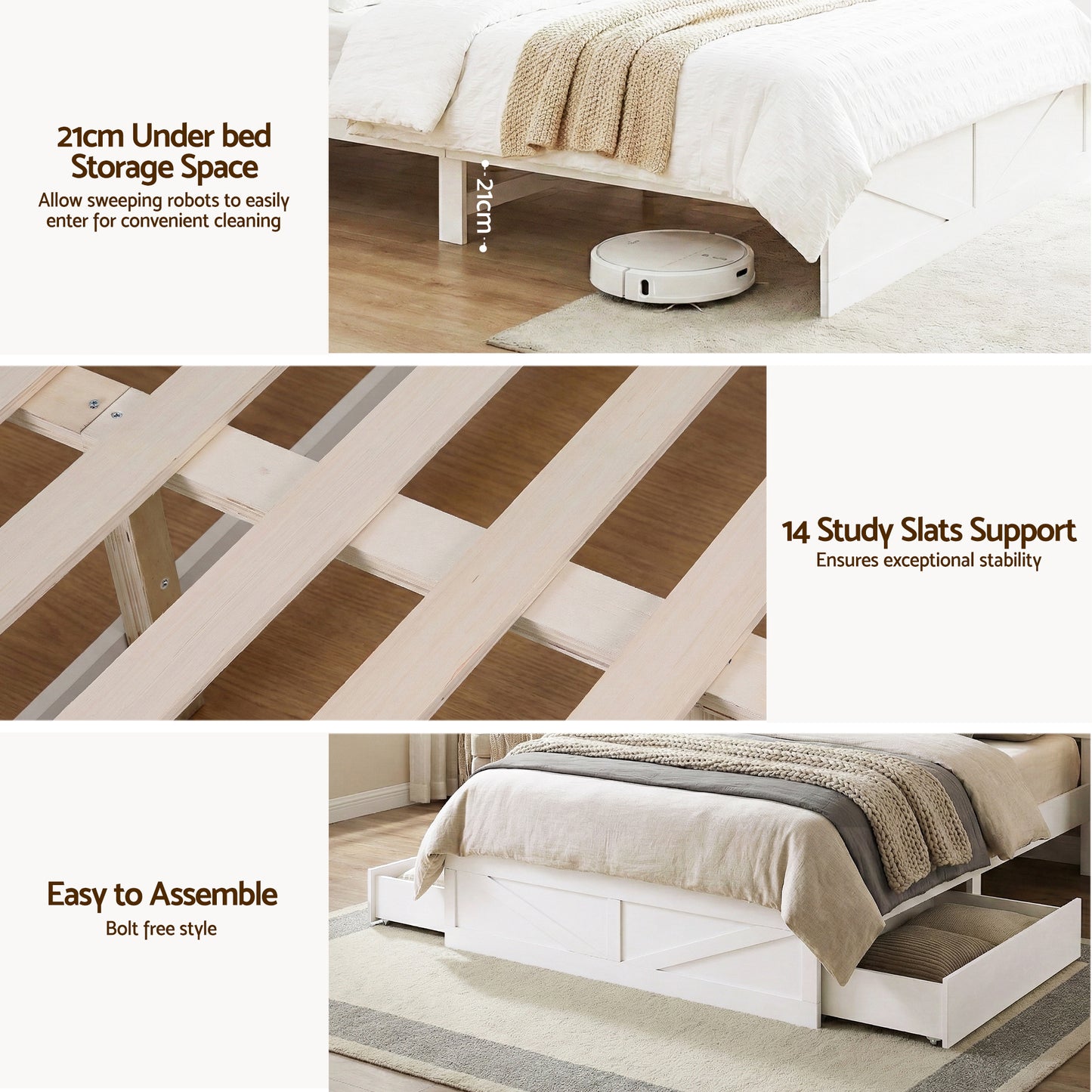 TWSC Queen Bed Frame with Storage Drawers White Platform Bedframe with Bookcase Headboard Charging Station Led Light