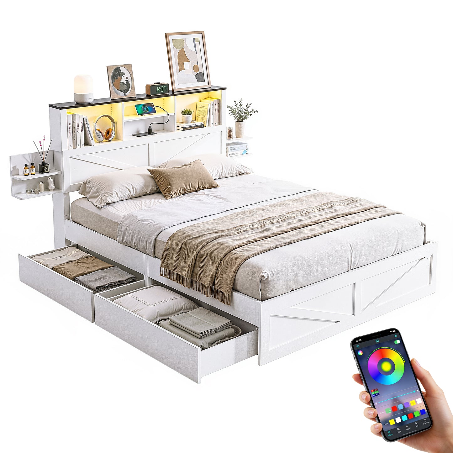 TWSC Queen Bed Frame with Storage Drawers White Platform Bedframe with Bookcase Headboard Charging Station Led Light