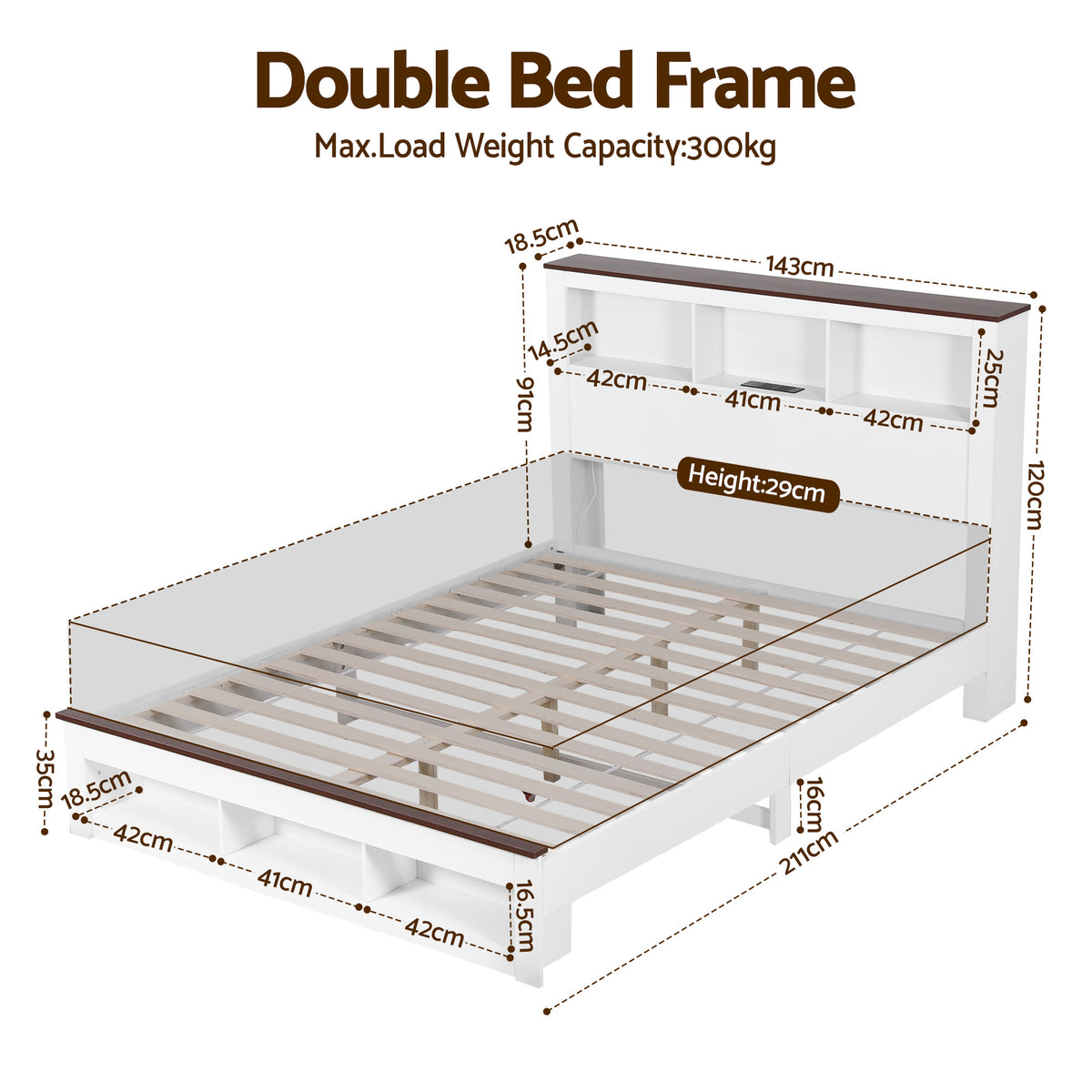 TWSC Double Bed Frame with Storage Bookcase Headboard and Footboard White Wooden Platform Bed with Charging Station and Led Light Bedroom Furniture