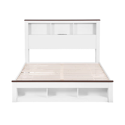 TWSC Double Bed Frame with Storage Bookcase Headboard and Footboard White Wooden Platform Bed with Charging Station and Led Light Bedroom Furniture
