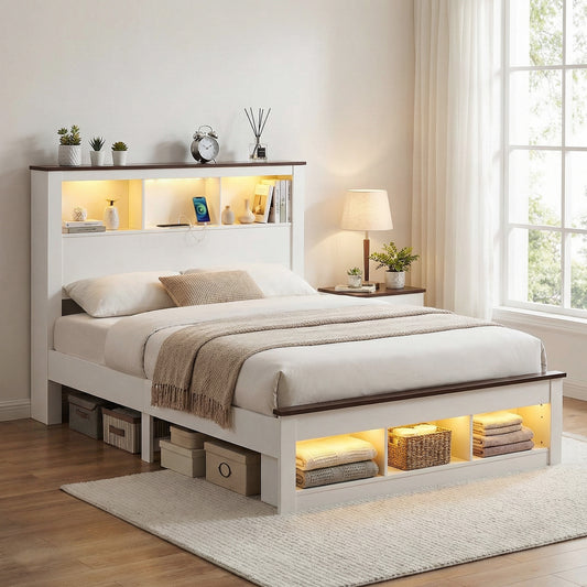 TWSC queen bed frame with charging station featuring a bookcase headboard and ambient lighting in a serene bedroom setting.