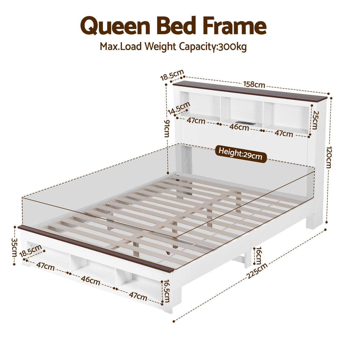 TWSC Queen Bed Frame with Storage Bookcase Headboard and Footboard White Wooden Platform Bed with Charging Station and Led Light Bedroom Furniture