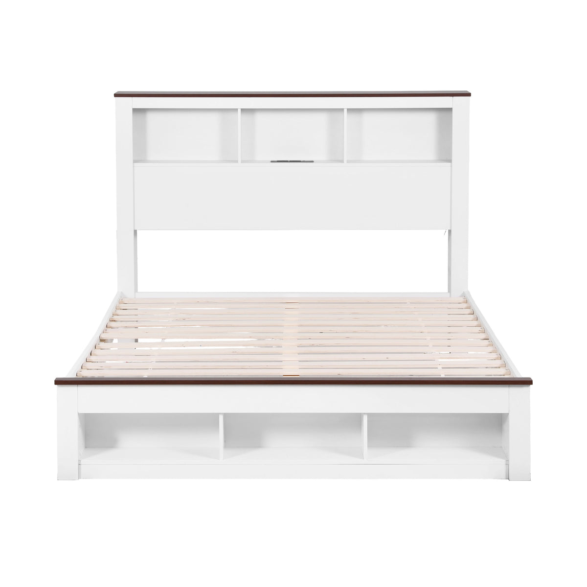 TWSC Queen Bed Frame with Storage Bookcase Headboard and Footboard White Wooden Platform Bed with Charging Station and Led Light Bedroom Furniture