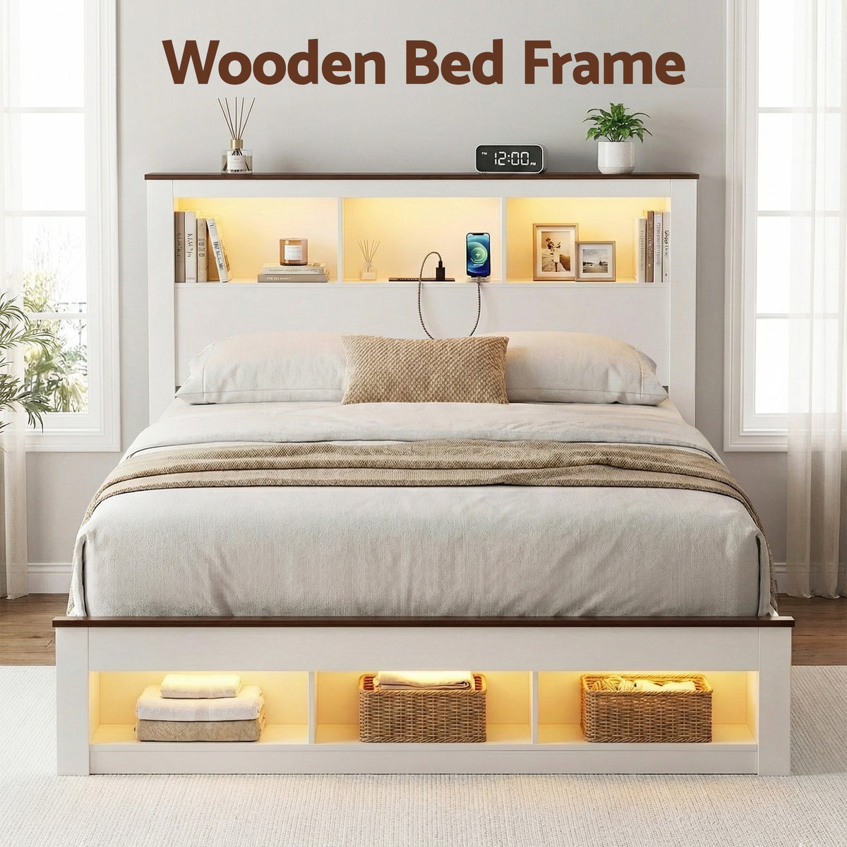 TWSC Queen Bed Frame with Storage Bookcase Headboard and Footboard White Wooden Platform Bed with Charging Station and Led Light Bedroom Furniture