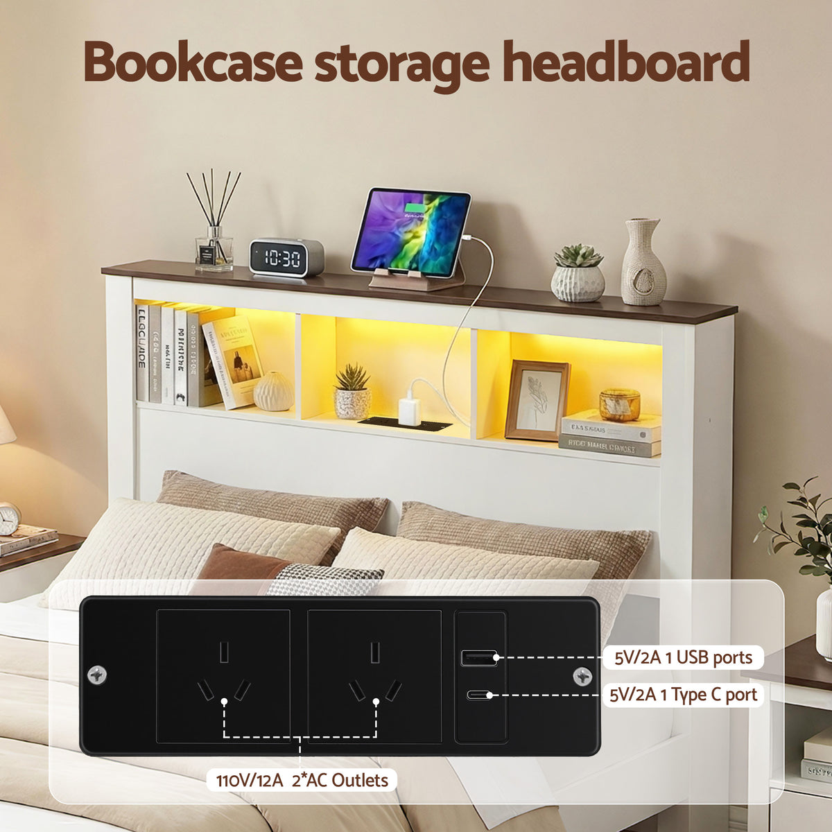 TWSC Queen Bed Frame with Storage Bookcase Headboard and Footboard White Wooden Platform Bed with Charging Station and Led Light Bedroom Furniture