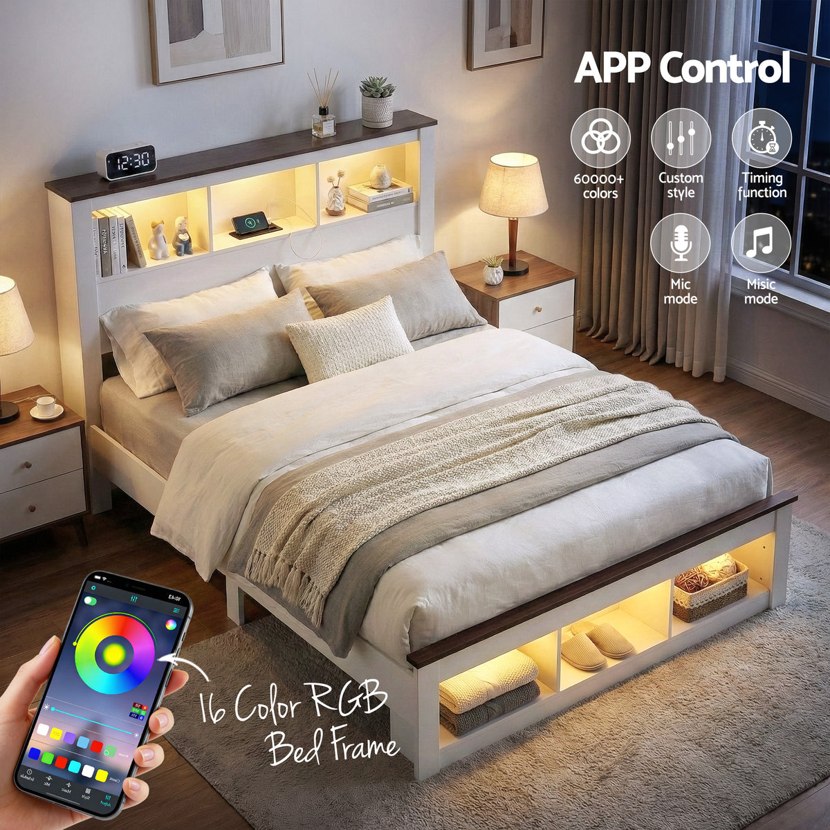 TWSC Queen Bed Frame with Storage Bookcase Headboard and Footboard White Wooden Platform Bed with Charging Station and Led Light Bedroom Furniture