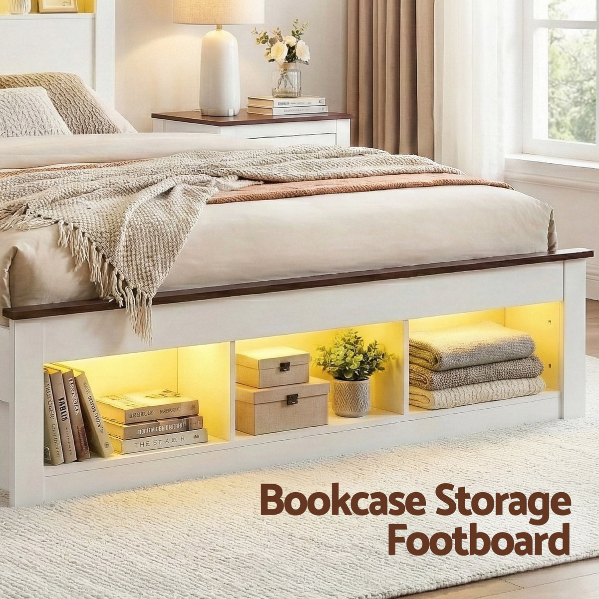 TWSC Queen Bed Frame with Storage Bookcase Headboard and Footboard White Wooden Platform Bed with Charging Station and Led Light Bedroom Furniture