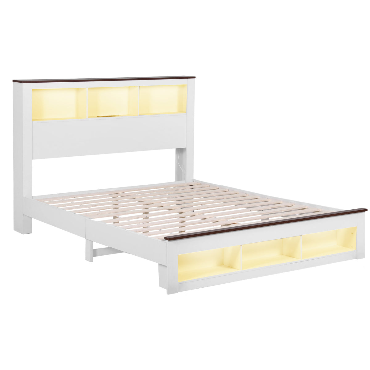 TWSC Queen Bed Frame with Storage Bookcase Headboard and Footboard White Wooden Platform Bed with Charging Station and Led Light Bedroom Furniture