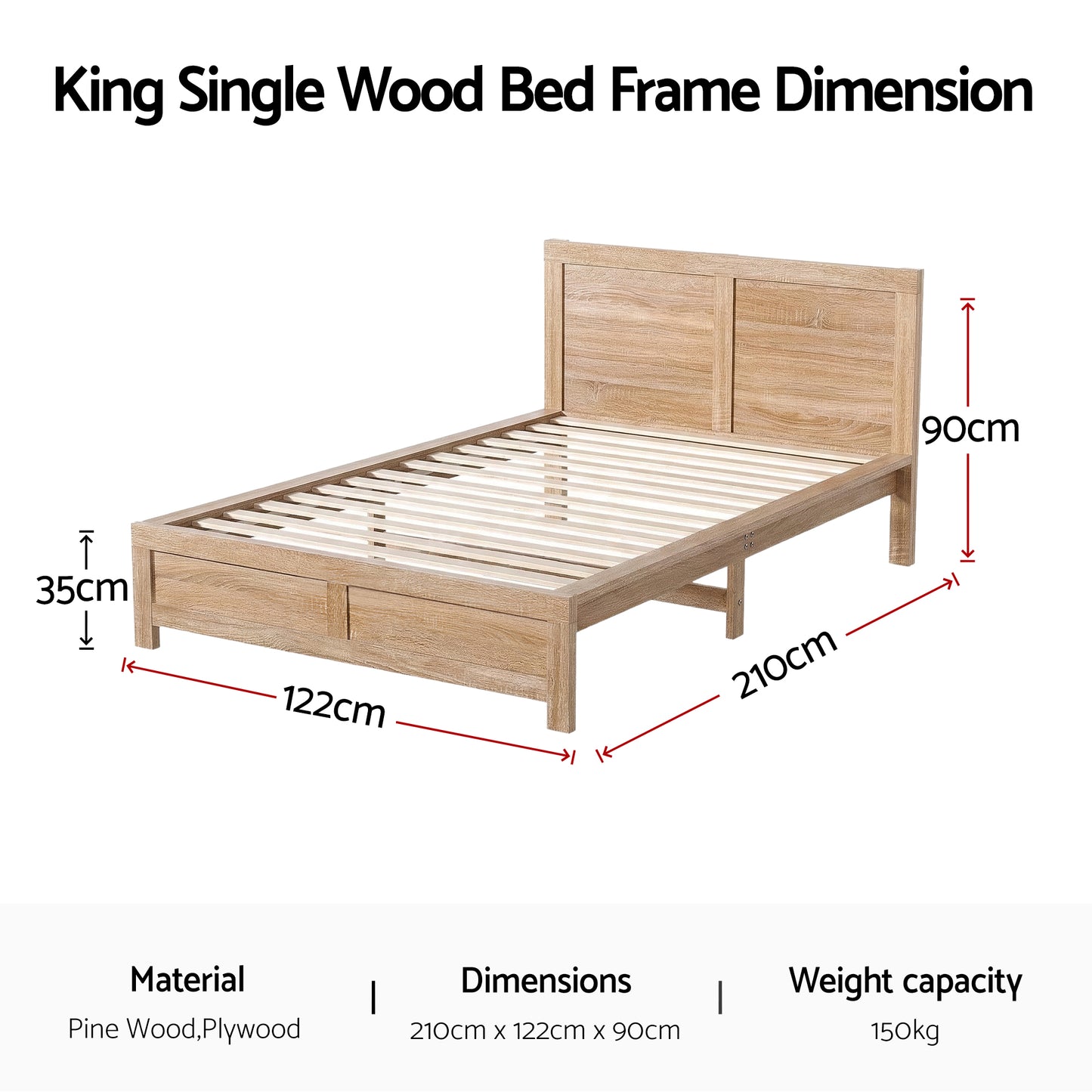 King Single Wooden Bed Frame – Pine Wood, Smooth Finish