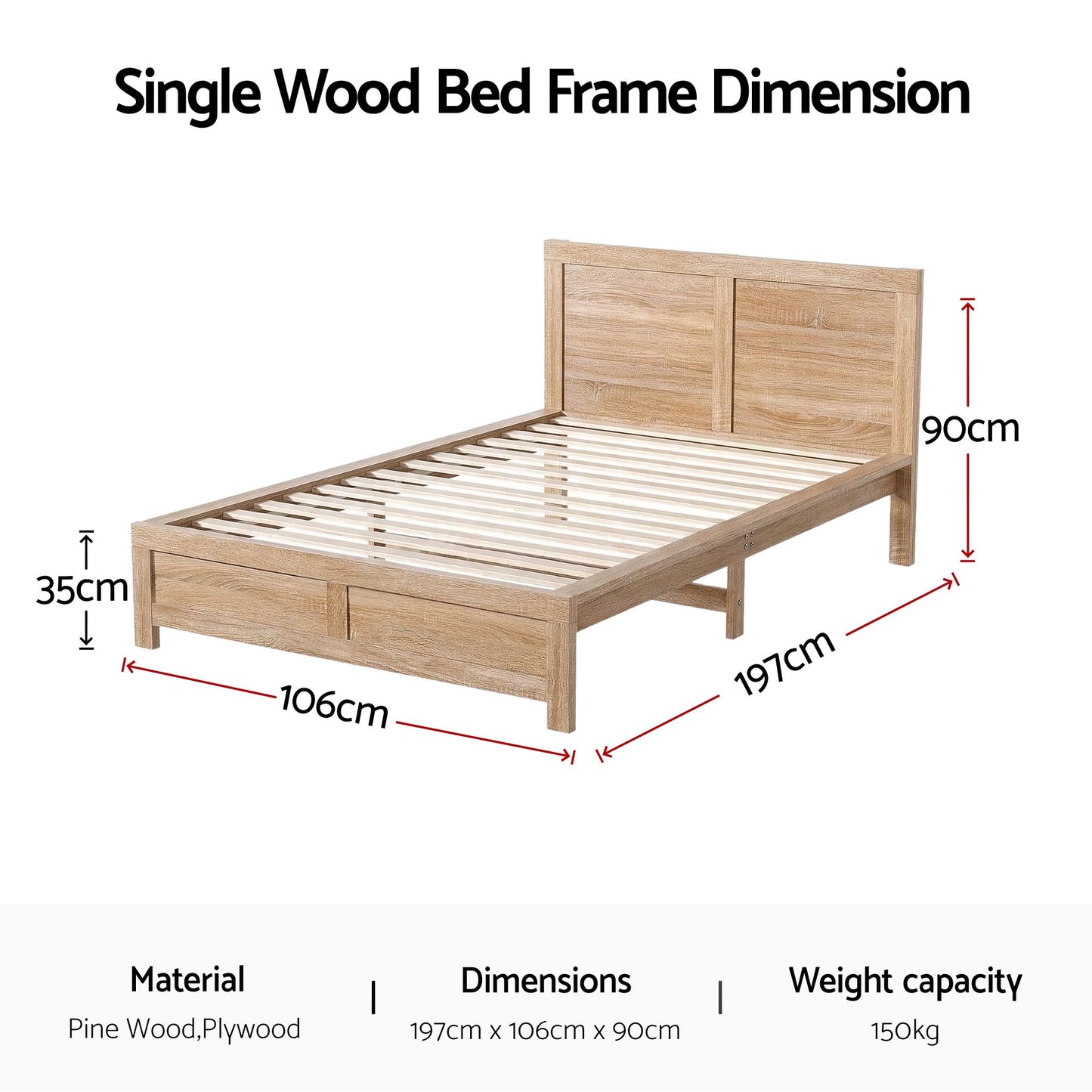TWSC Single Bed Frame Wooden Bed Base Walnut