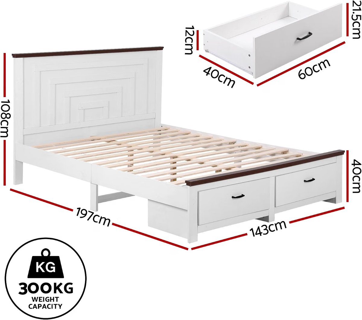 TWSC Double Wooden Bed Frame and 2 Bedside Table Bedroom Furniture Set