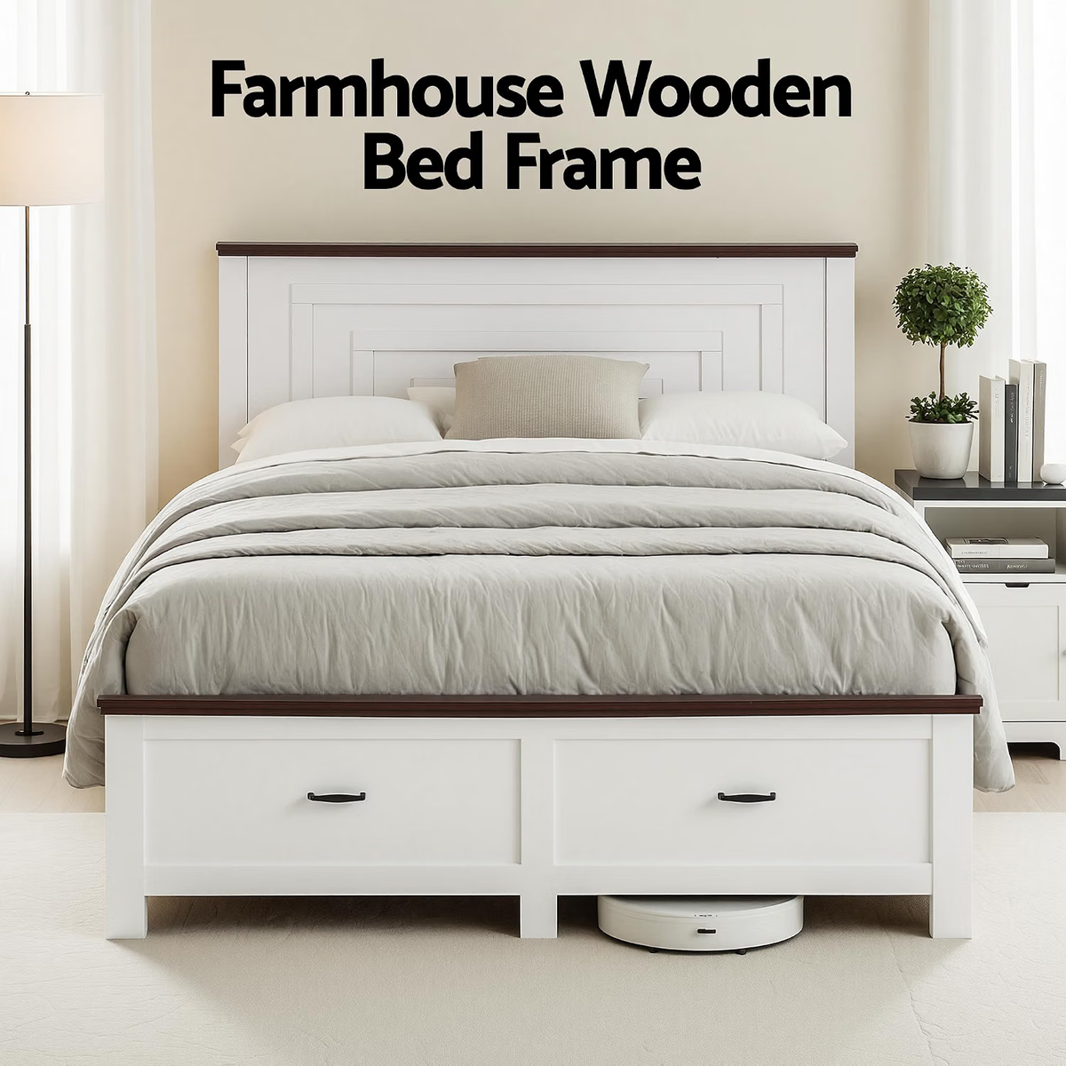 TWSC Double Wooden Bed Frame and 2 Bedside Table Bedroom Furniture Set