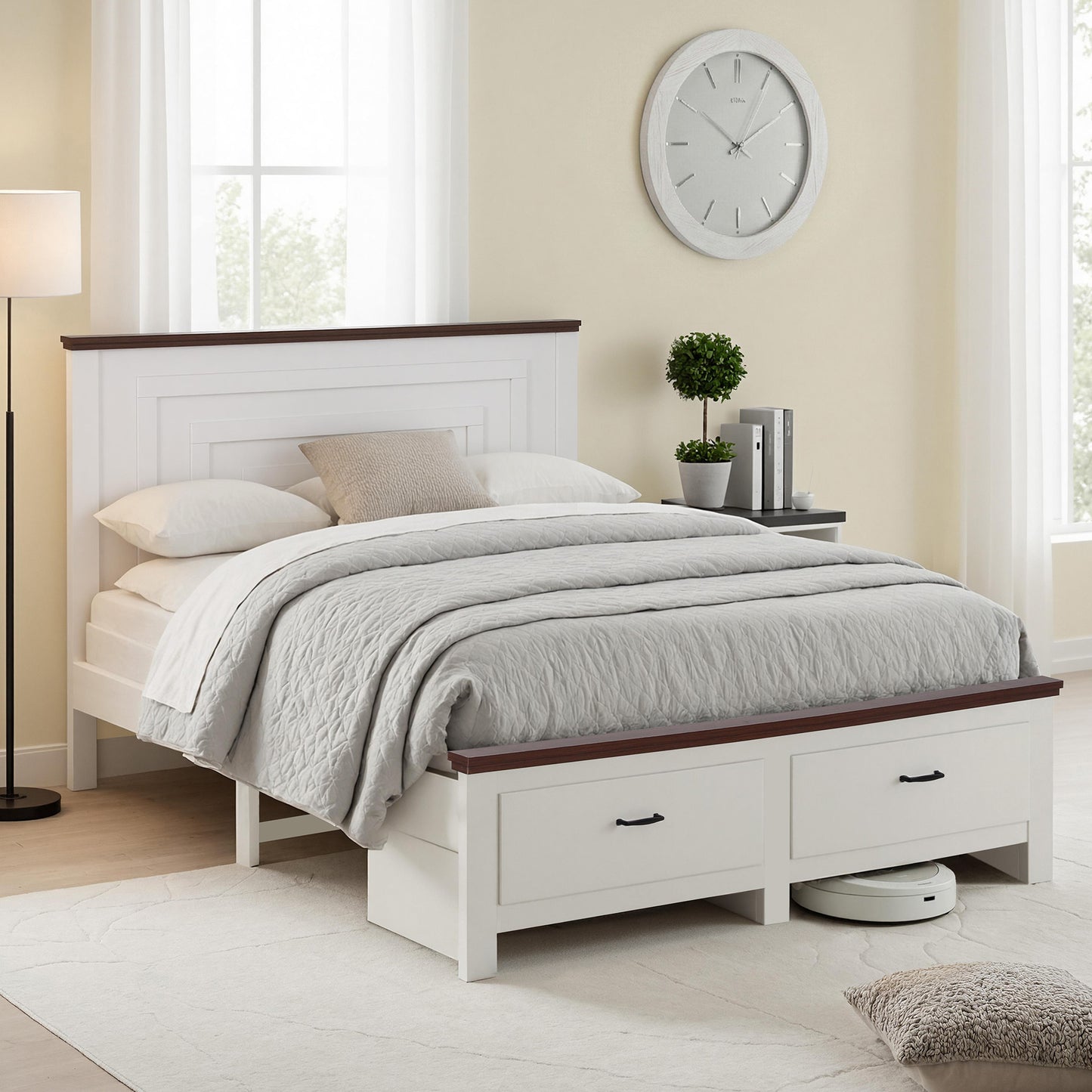 Double Wooden Bed Frame with 2 Drawers – Solid High Headboard, White