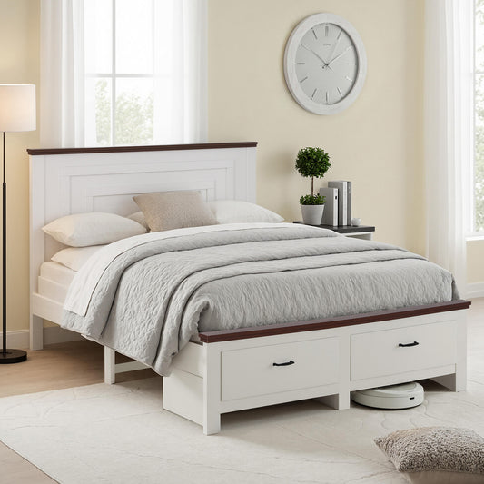 Double Wooden Bed Frame with 2 Drawers – Solid High Headboard, White