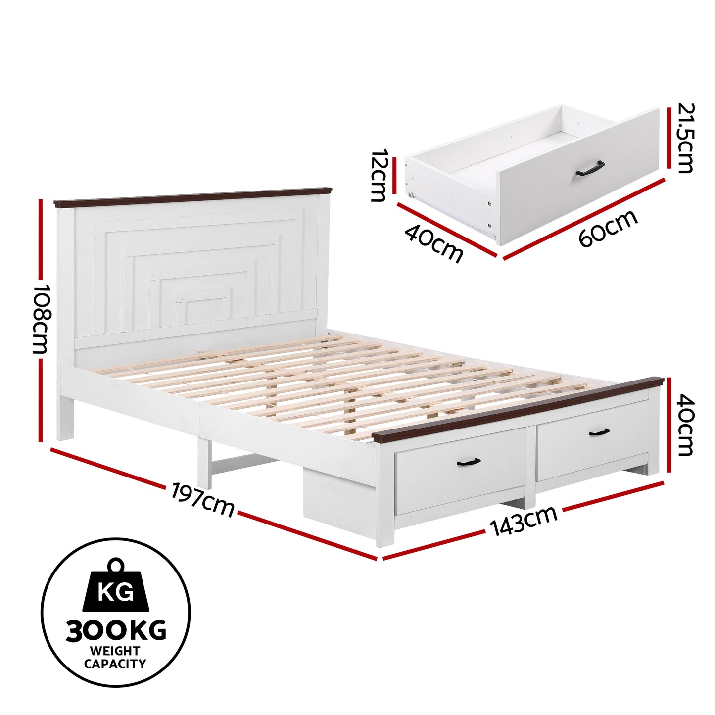 Double Wooden Bed Frame with 2 Drawers – Solid High Headboard, White