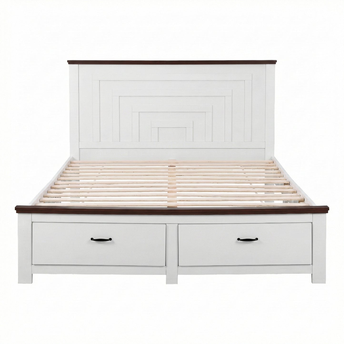 Double Wooden Bed Frame with 2 Drawers – Solid High Headboard, White