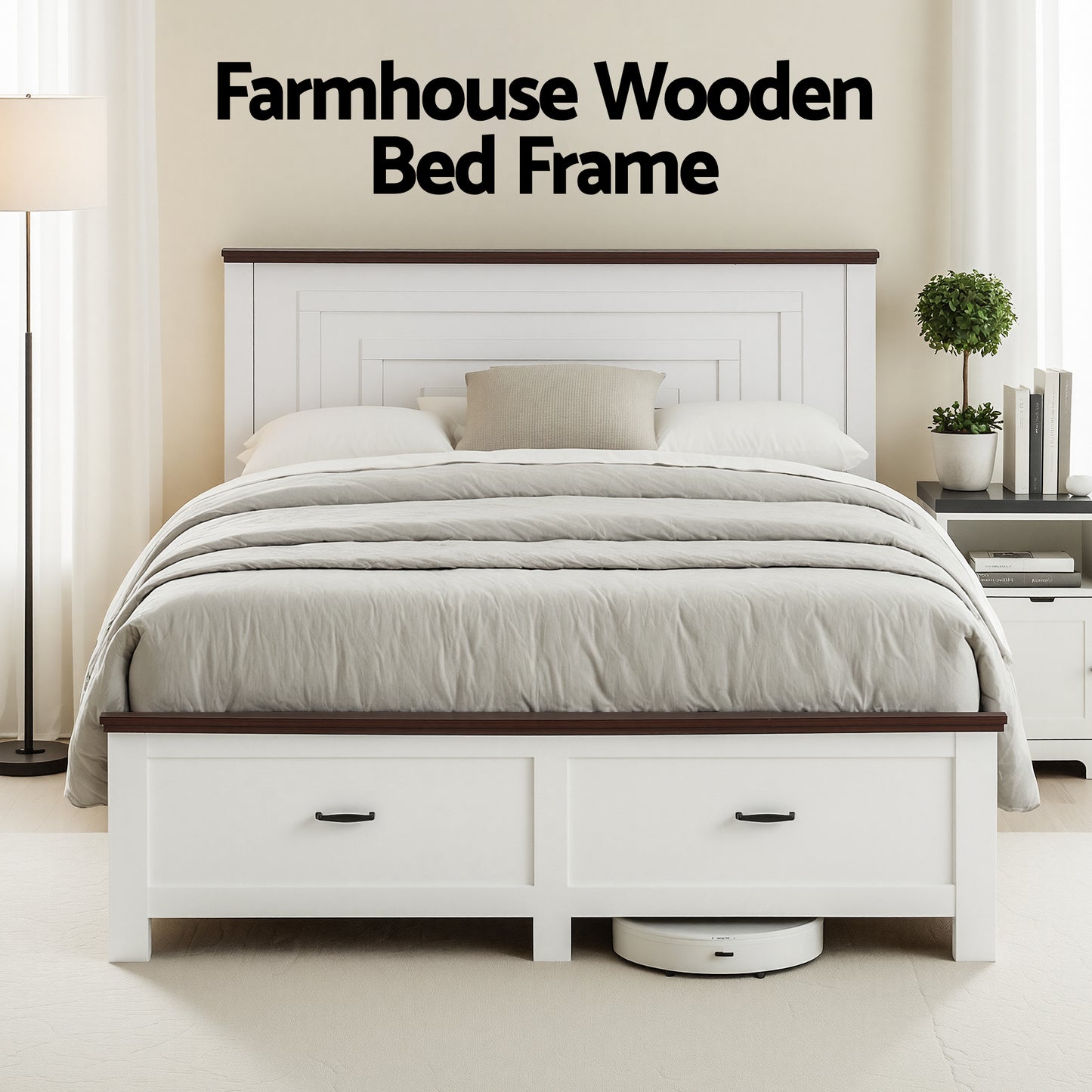 Double Wooden Bed Frame with 2 Drawers – Solid High Headboard, White
