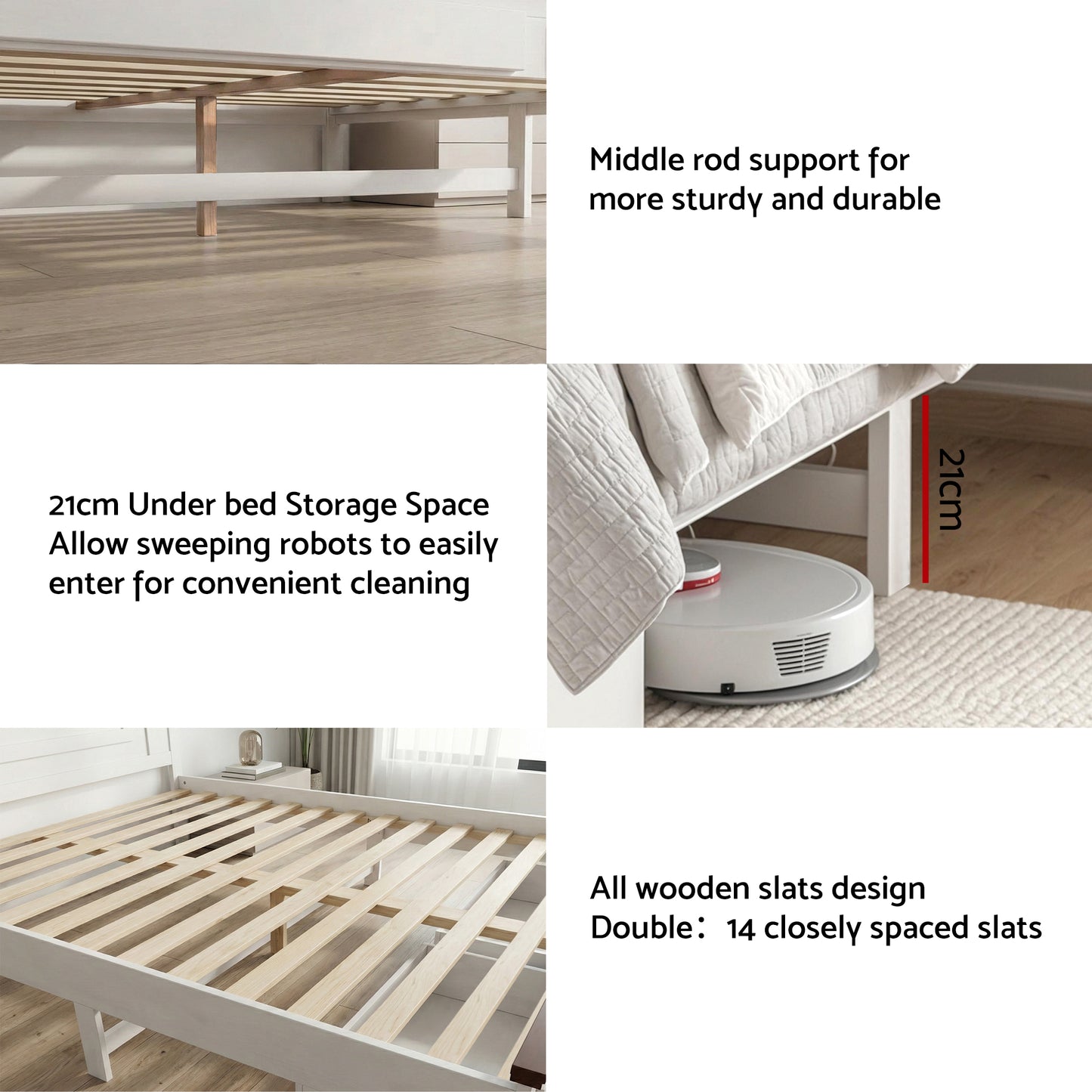 Double Wooden Bed Frame with 2 Drawers – Solid High Headboard, White