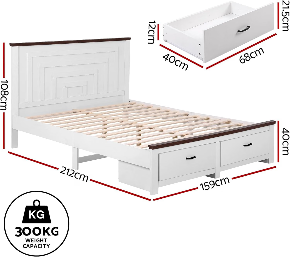 TWSC Queen Wooden Bed Frame and 2 Bedside Table Bedroom Furniture Set