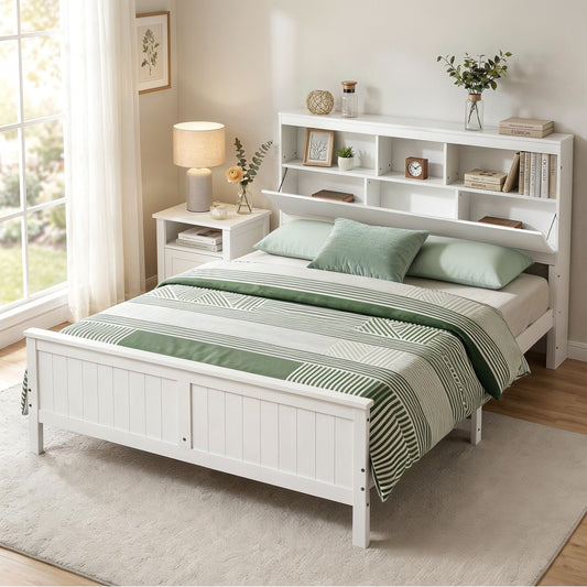 Queen Bed Frame with Storage Headboard and Footboard – White Pine Wood