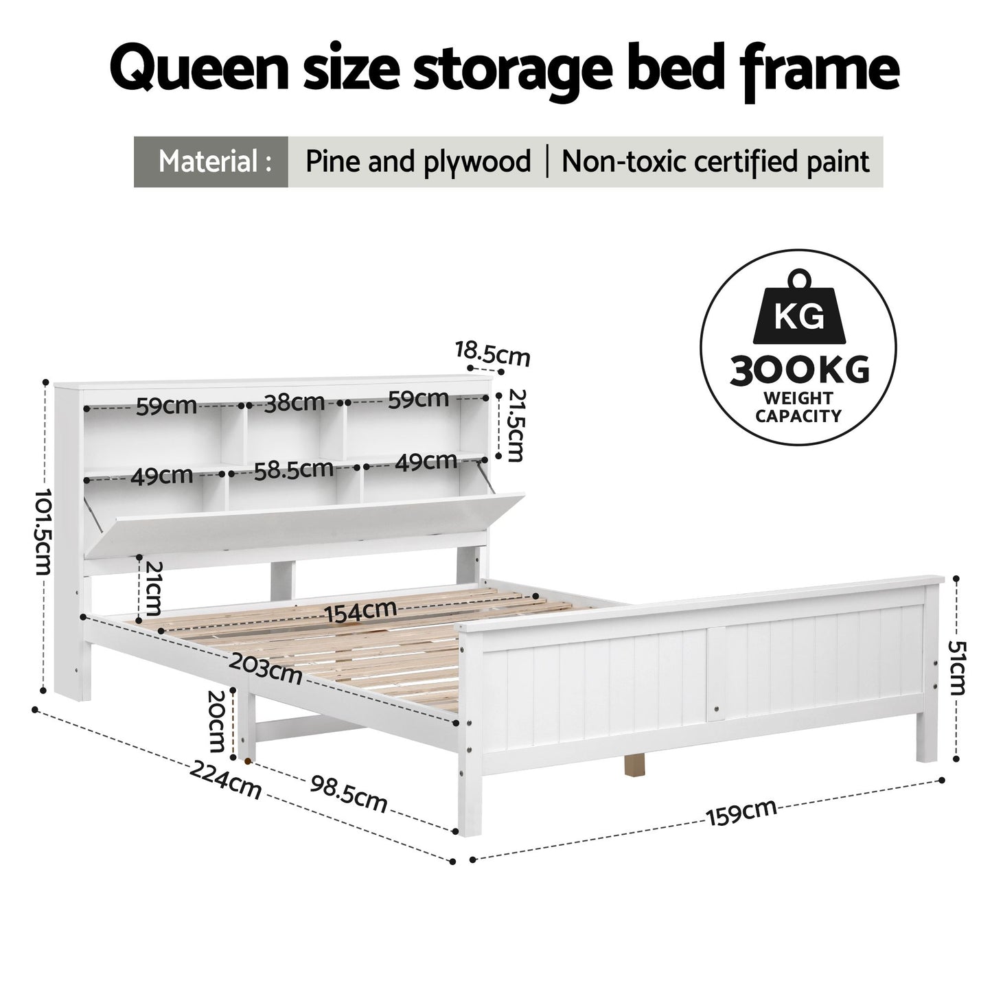 Queen Bed Frame with Storage Headboard and Footboard – White Pine Wood