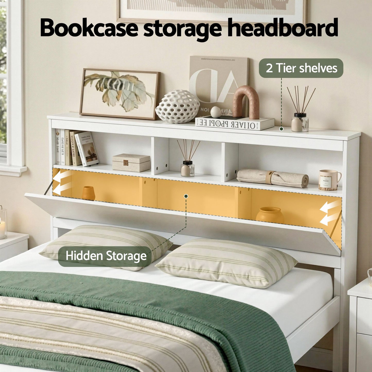 Queen Bed Frame with Storage Headboard and Footboard – White Pine Wood
