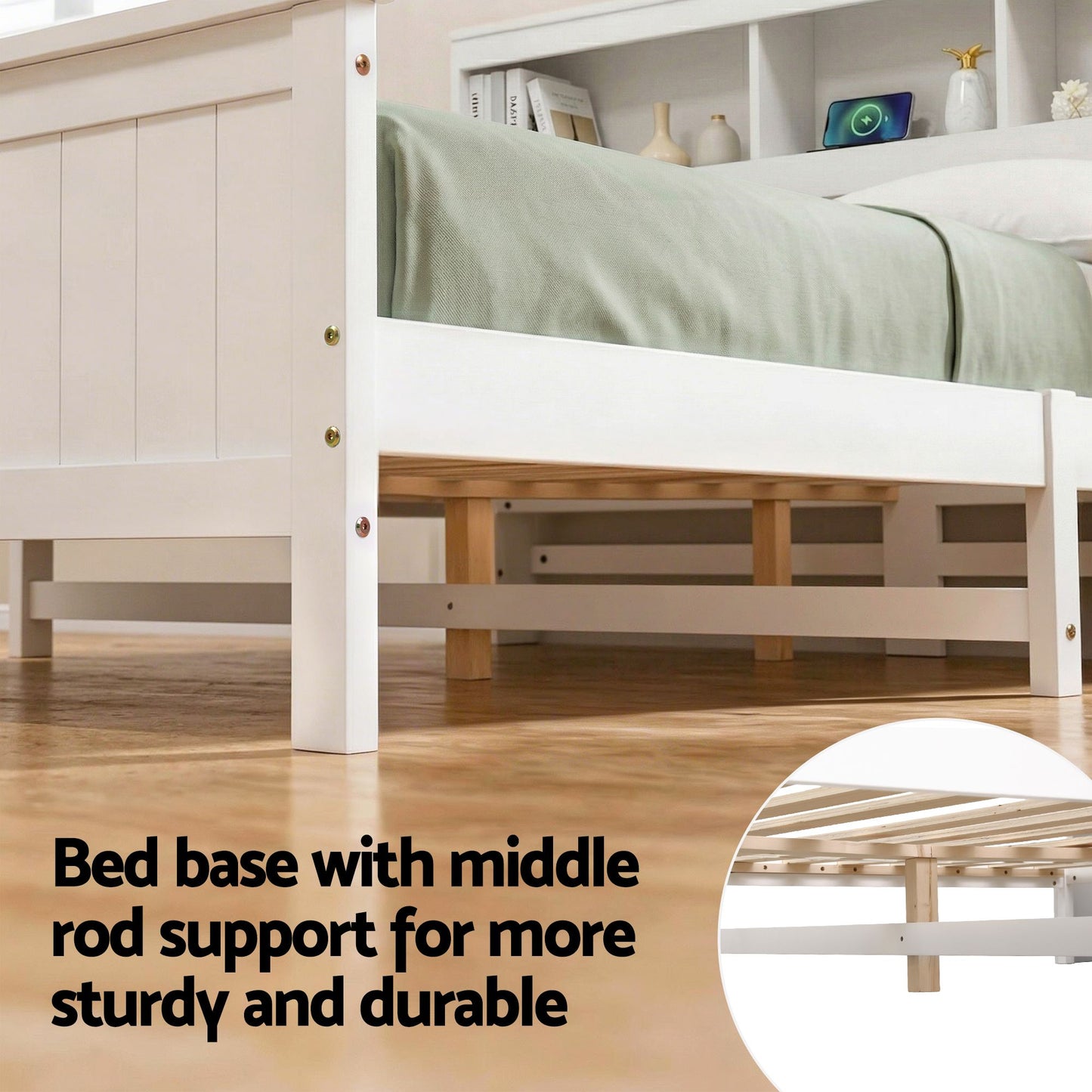 Queen Bed Frame with Storage Headboard and Footboard – White Pine Wood