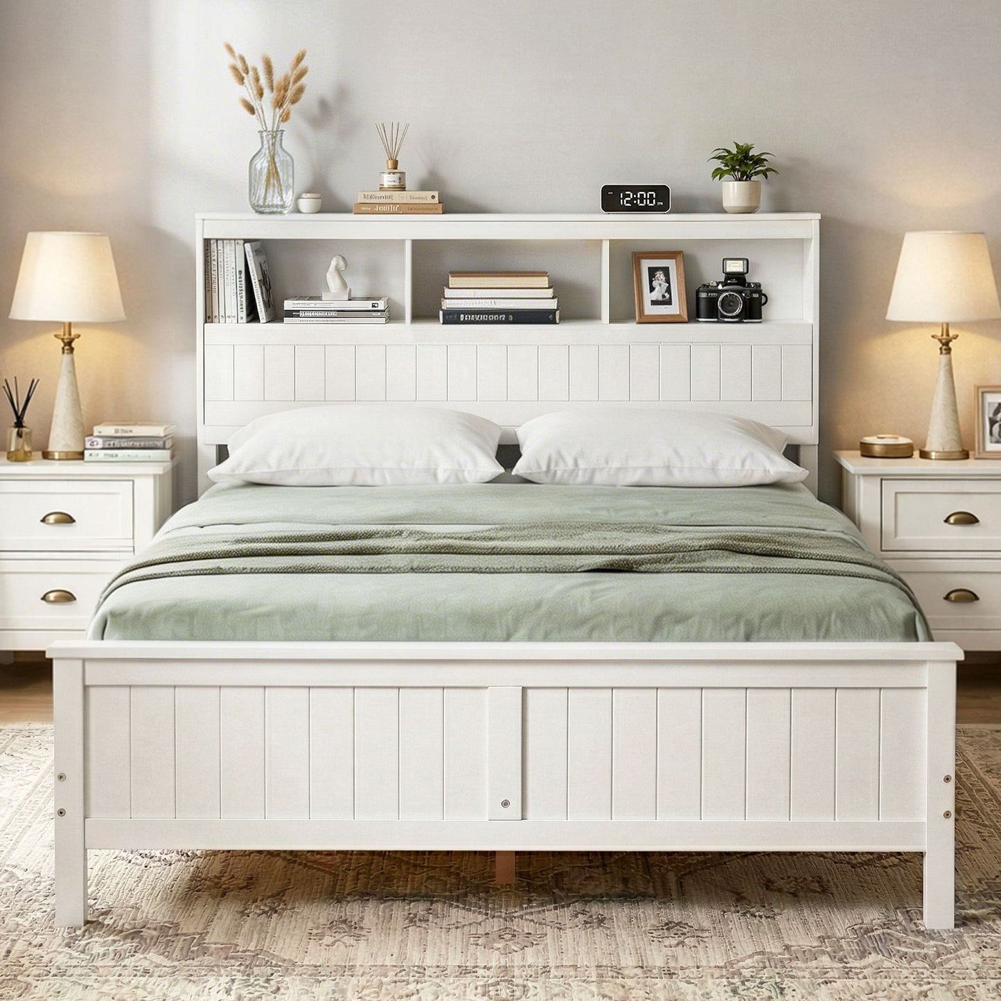 Queen Bed Frame with Storage Headboard and Footboard – White Pine Wood
