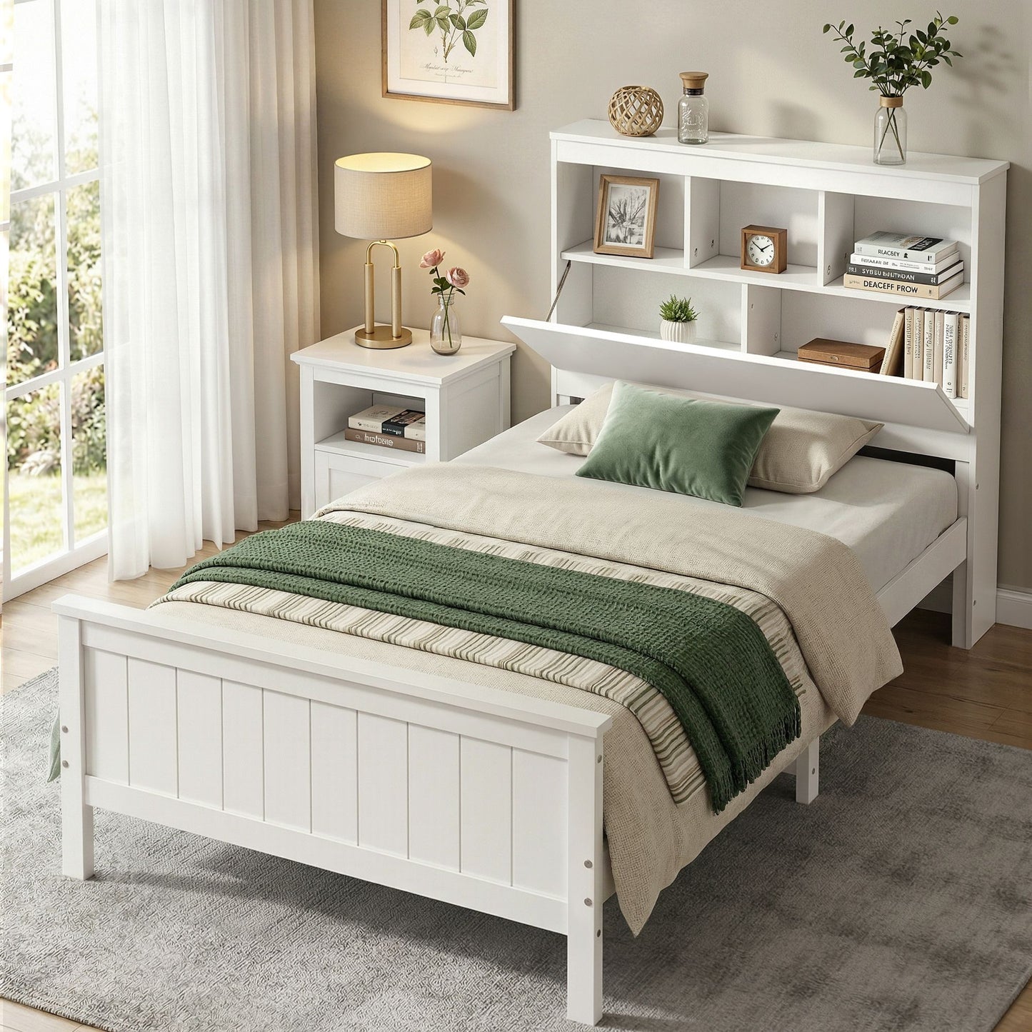 TWSC Single Bed Frame with Storage Headboard and Footboard Wooden Bed Base White
