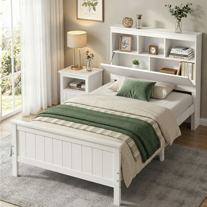 TWSC Single Bed Frame with Storage Headboard and Footboard Wooden Bed Base White