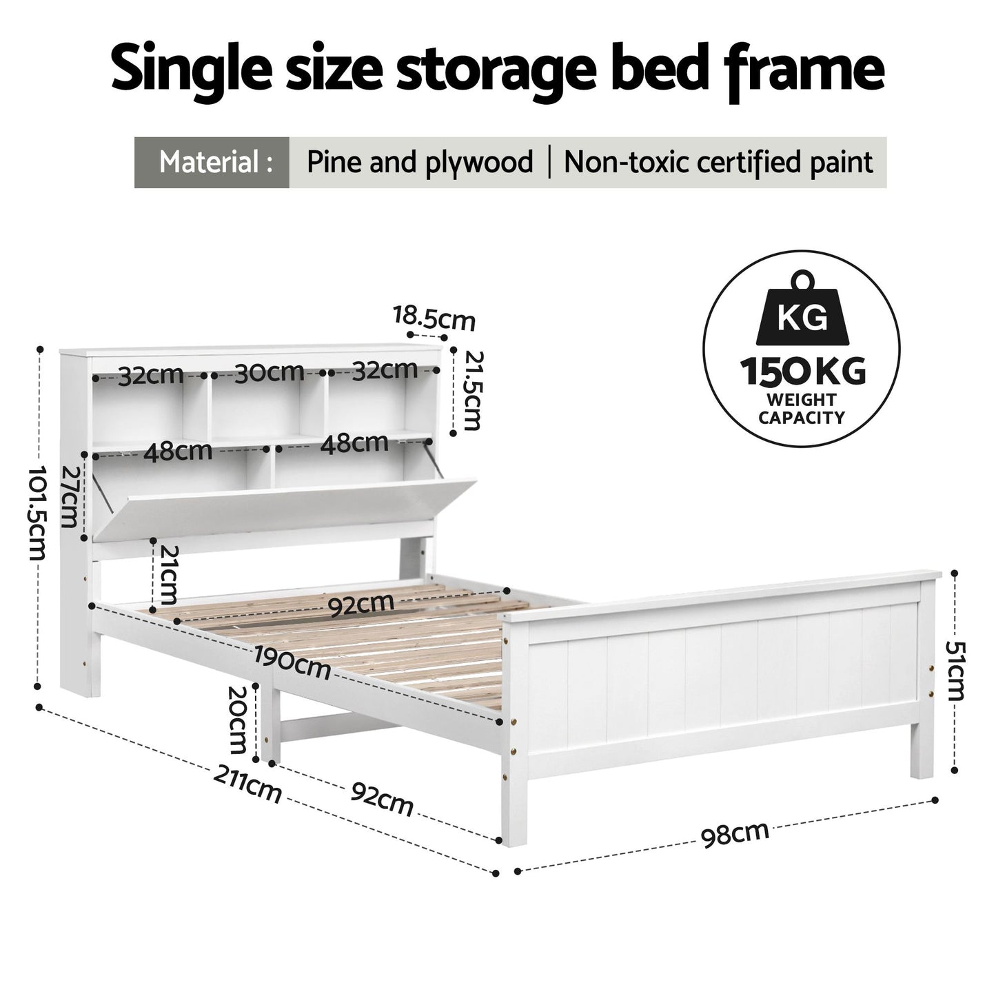 TWSC Single Bed Frame with Storage Headboard and Footboard Wooden Bed Base White
