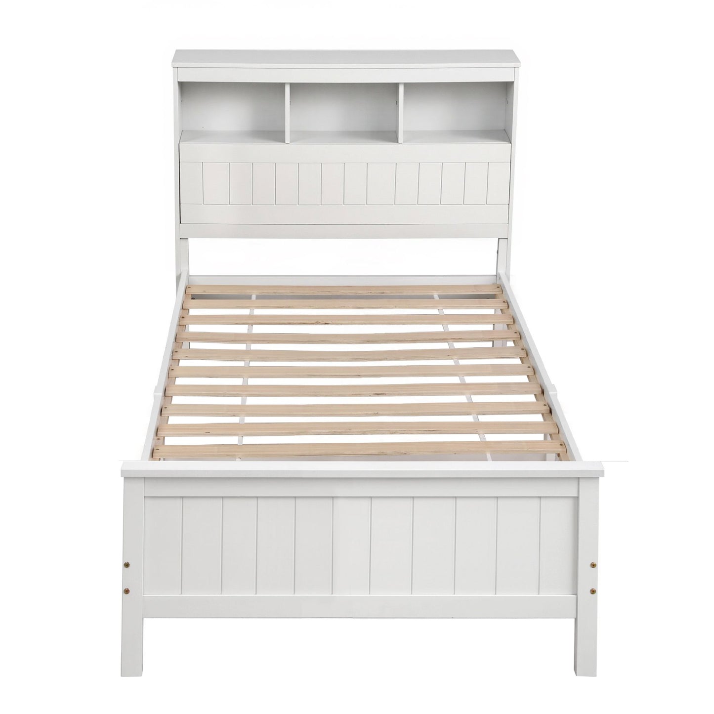 TWSC Single Bed Frame with Storage Headboard and Footboard Wooden Bed Base White