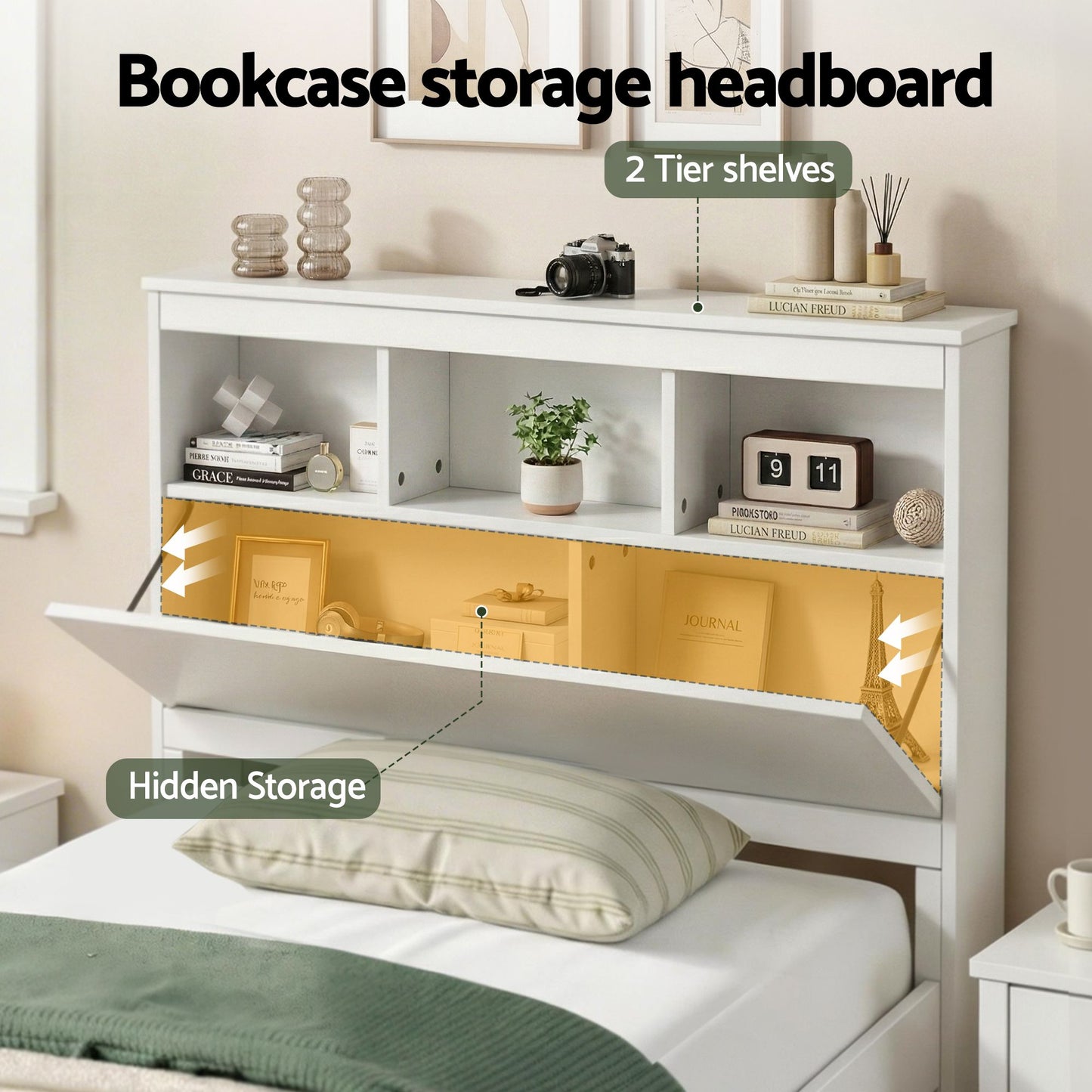 TWSC Single Bed Frame with Storage Headboard and Footboard Wooden Bed Base White
