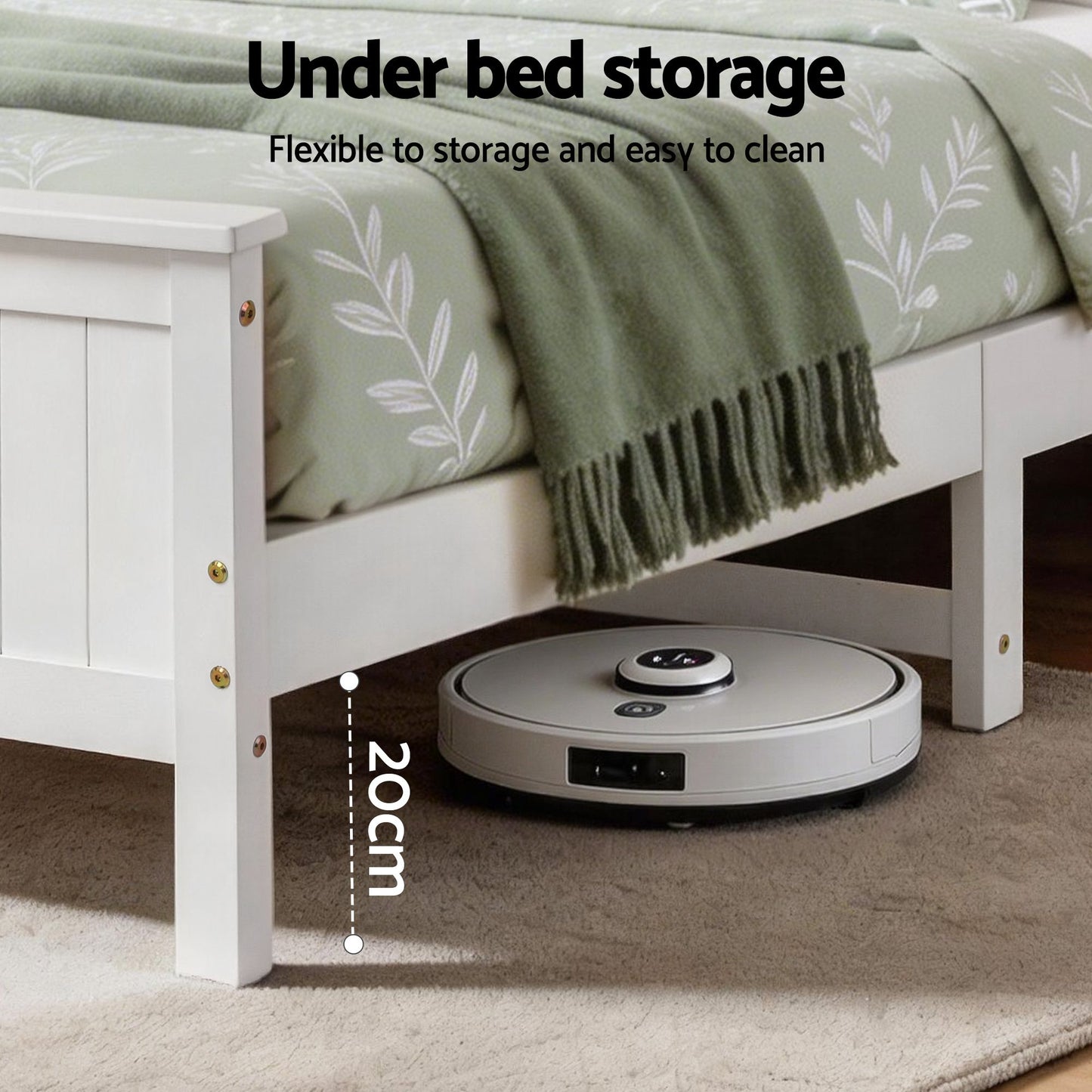 TWSC Single Bed Frame with Storage Headboard and Footboard Wooden Bed Base White