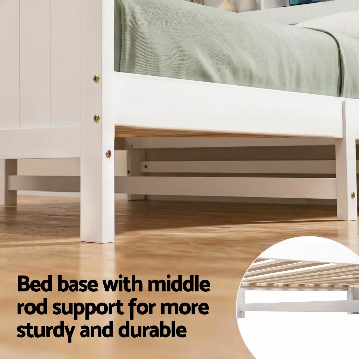 TWSC Single Bed Frame with Storage Headboard and Footboard Wooden Bed Base White
