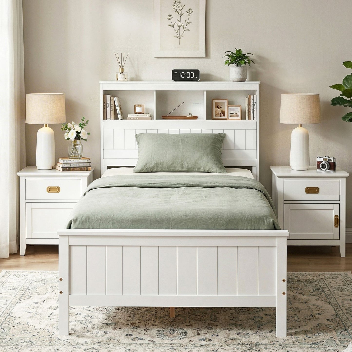 TWSC Single Bed Frame with Storage Headboard and Footboard Wooden Bed Base White