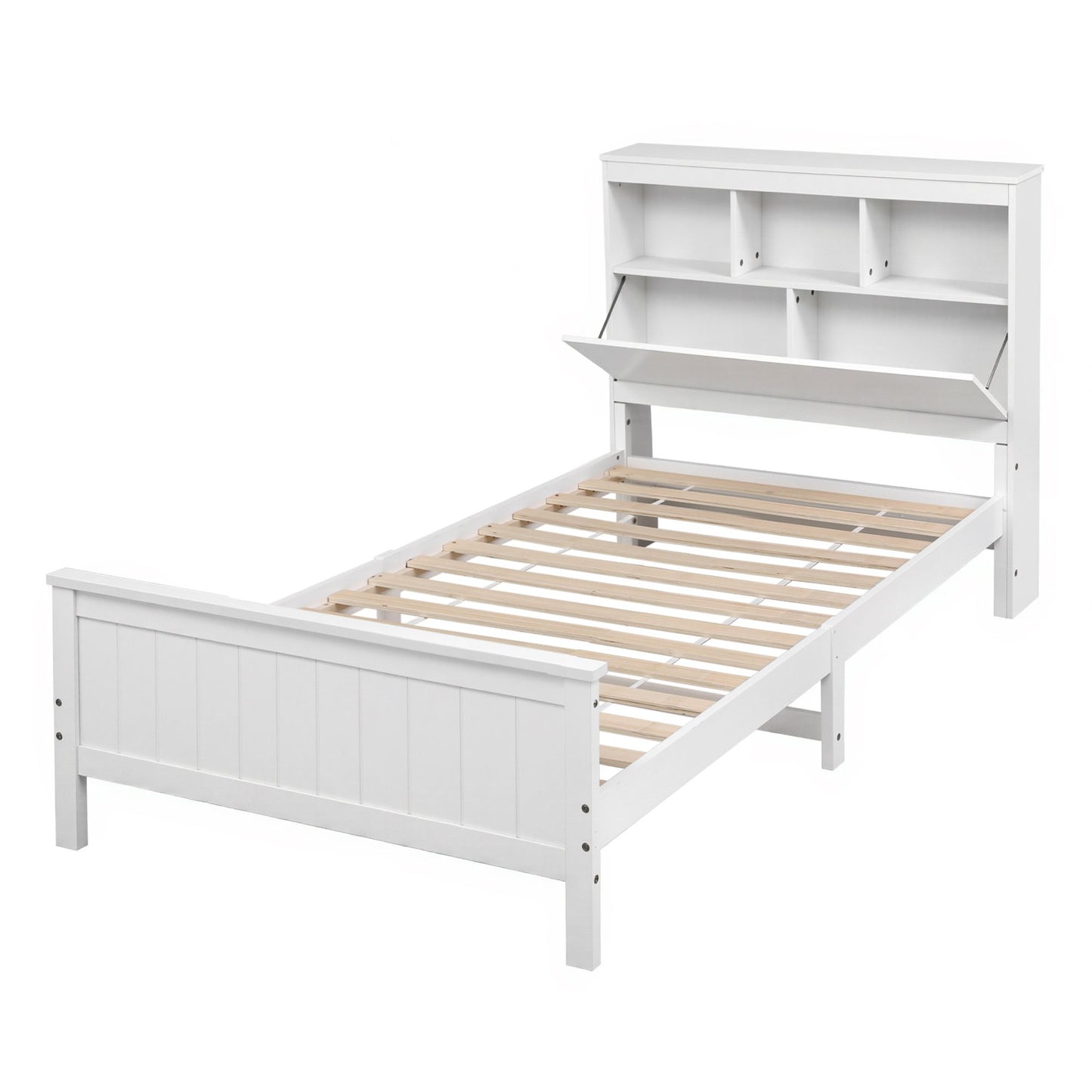 TWSC Single Bed Frame with Storage Headboard and Footboard Wooden Bed Base White