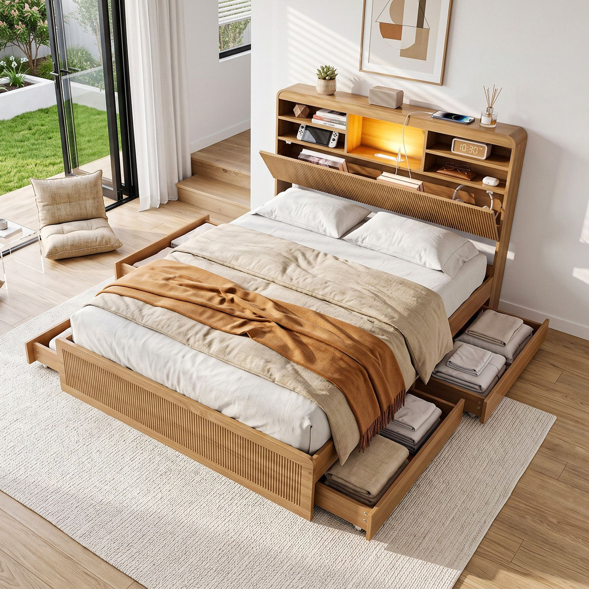 TWSC Double Bed Frame with Storage, 4 Drawers, USB and Night Light Natural