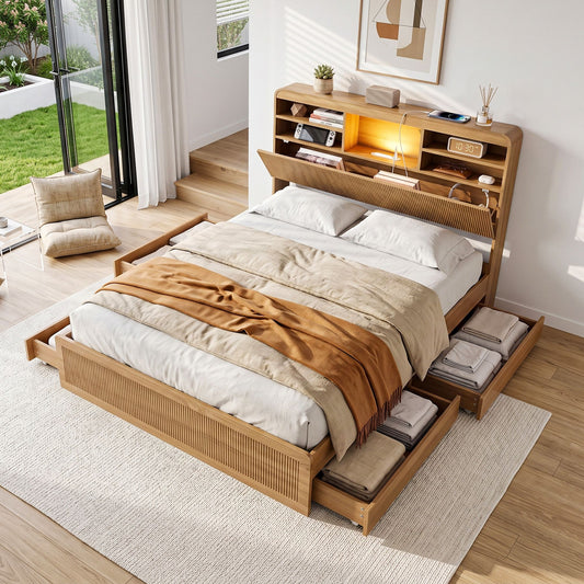 Beautiful TWSC double bed frame with storage and USB, featuring a natural wood finish, cozy bedding, and integrated lighting.