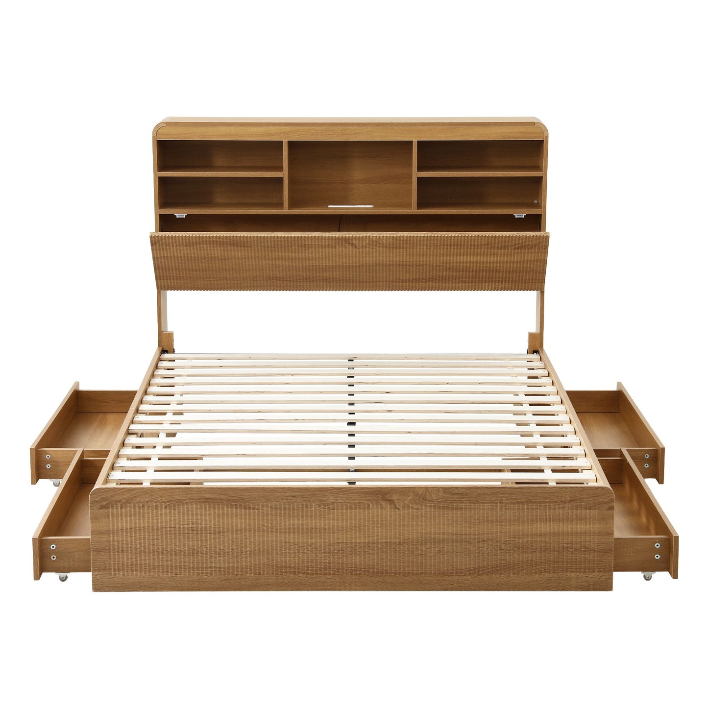 TWSC Double Bed Frame with Storage, 4 Drawers, USB and Night Light Natural